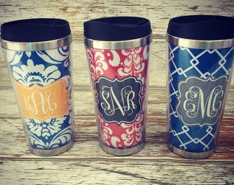 Stainless Steel Personalized Travel Mug Coffee Tumbler - Choice of Pattern, Color, Monogram & More - Teacher Gift Beverage Container