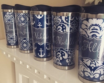 Custom Stainless Steel Coffee Travel Mug - Personalized with Pattern, Color, Frame & Monogram
