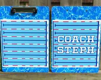 Personalized Lap Pool Design Dry Erase Clipboard - Swimming Team Coach Gift with Name - Swimming Pool Water, Swim Lanes Sports Clip Board