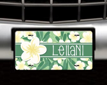 Plumeria Design Personalized Car Tag License Plate - Custom Name Vanity Plate - Vehicle Car Decor - Tropical Island Frangipani Flowers
