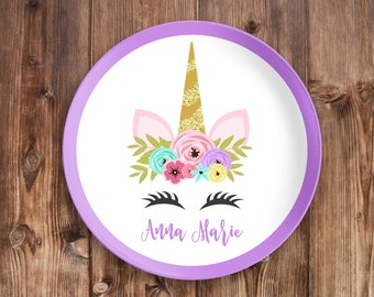 Unicorn Design Personalized Polymer Kid's Dinner Plate - Design Your Own Plate Birthday Gift with Name - Magical - Flowers
