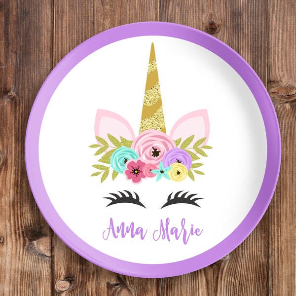 Unicorn Design Personalized Polymer Kid's Dinner Plate - Design Your Own Plate Birthday Gift with Name - Magical - Flowers