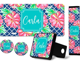 Personalized Tropical Flowers Collection Car Acessories - License Plate, Trailer Hitch, Car Coasters, Seatbelt Strap - Hibiscus Floral