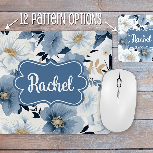 Blue Flower Background Personalized Mousepad & Coaster Desk Set - 12 Pattern Options - Mouse Pad Office Gift Set - Birthday, Christmas Gift
