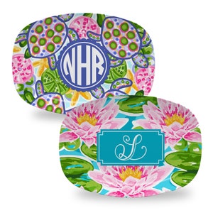 Preppy Collection Personalized Polymer Platter -  Dinner Serving Tray Housewarming or Wedding Gift - Monogram Tropical Flowers