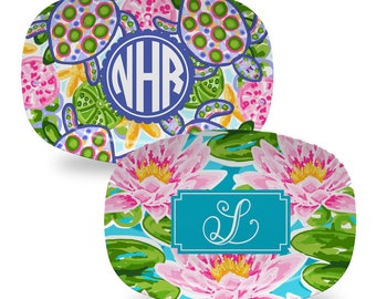 Preppy Collection Personalized Polymer Platter -  Dinner Serving Tray Housewarming or Wedding Gift - Monogram Tropical Flowers