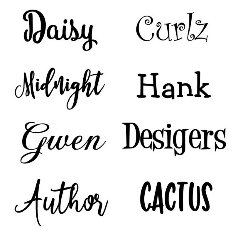 May include: A collection of eight handwritten words in black ink on a white background. The words are "Daisy", "Curls", "Midnight", "Hank", "Gwen", "Desigers", "Author", and "Cactus".