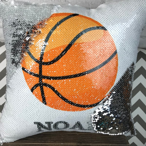 Sports Design Flip Sequin Pillow - Personalized Name Decorative Throw Pillow with Flipping Reversible Sequins - Athletic Balls Equipment