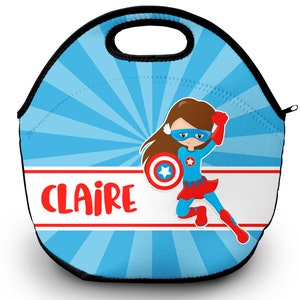 Superhero Girl Personalized Lunch Tote - Neoprene Custom Lunch Bag with Name - Choice of Background, Super Hero, Font Styles & Color