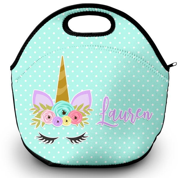 Unicorn Design Personalized Lunch Tote - Custom Neoprene Lunch Bag with Name - Choice of Unicorns, Font Styles & Color