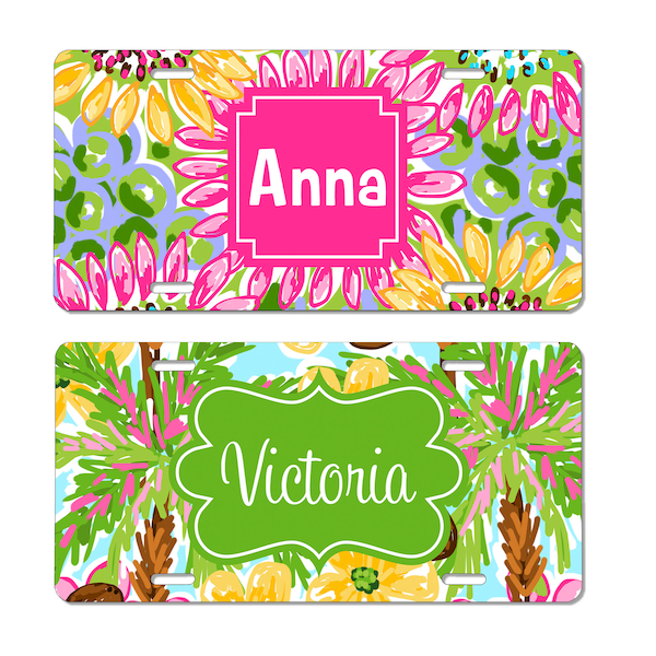 Preppy Collection Car Tag License Plate - Choice of over 40 Pattern, Frame & Font - Personalized Monogram Tropical Pineapple Sunflower