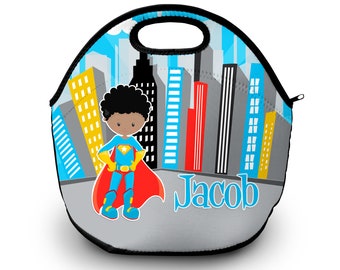 Superhero Boy Personalized Lunch Tote - Neoprene Custom Lunch Bag with Name - Choice of Background, Super Hero, Font Styles & Color