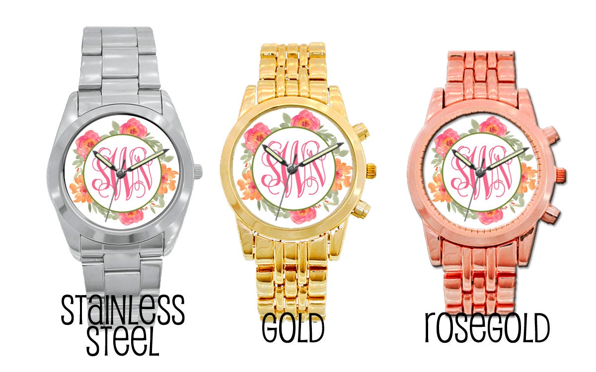 Floral Border Monogram Boyfriend Watch - Choice of Color and Monogram ...