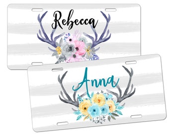 Antlers & Flowers Personalized License Plate Car Tag - Watercolor Floral Bouquet Design Vanity Plate, Gift, Christmas, 16th Birthday