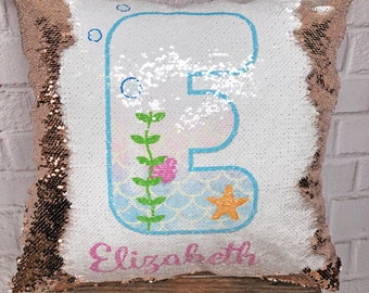Mermaid Initial Monogram Flip Sequin Pillow - Personalized Name & Under the Sea Decorative Throw Pillow with Flipping Reversible Sequins