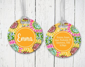 Set of 2 Sunflower Design Personalized Round Luggage Tags (2 Sided) - Choose Color, Frame & Monogram - Bag Tags, Address, Luggage Tag