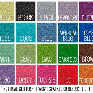 May include: A chart displaying 18 different glitter colours, including gold, black, silver, lavender, purple, teal, aqua, blue, medium blue, royal blue, mint, sage, lime, emerald, brown, lilac, berry, fuchsia, red, and tangerine. The text "NOT REAL GLITTER - IT WON'T SPARKLE OR REFLECT LIGHT" is at the bottom of the chart.