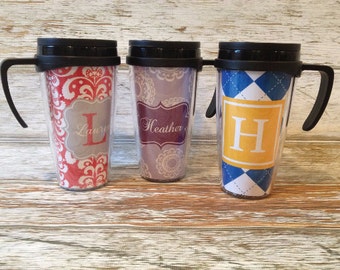 Personalized Travel Mug with Handle Coffee Tumbler - Choice of Pattern, Color, Monogram & More - Teacher Gift Beverage Container