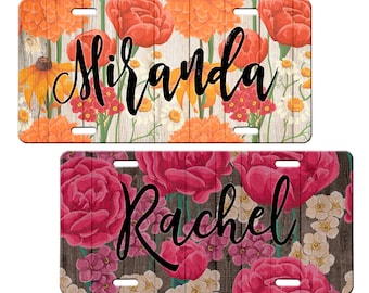 Wood & Flowers Personalized License Plate Car Tag - Watercolor Floral Vintage Design Vanity Plate, Gift, Christmas, 16th Birthday