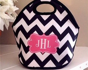 Monogram Chevron Lunch Tote - Choice of Pattern, Color, Frame & Monogram - Personalized, Custom Neoprene Lunch Bag for School or Office