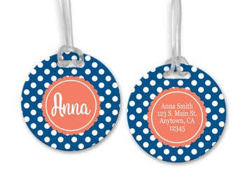 Set of 2 Polka Dots Personalized Round Luggage Tags (2 Sided) - Choose Color, Frame & Monogram - Bag Tags, Address, Luggage Tag