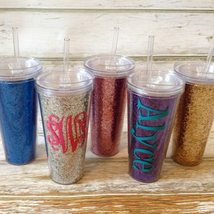 Glitter Tumbler with Straw - Personalized Monogram 22oz Double Wall Acrylic Tumbler with Lid & Straw - 5 Colors Available