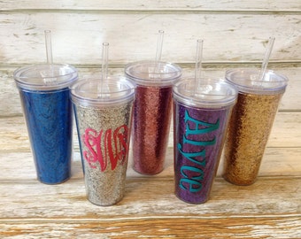 Glitter Tumbler with Straw - Personalized Monogram 22oz Double Wall Acrylic Tumbler with Lid & Straw - 5 Colors Available