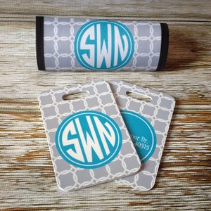 Luggage Finder and Luggage Tag Set - Customize w/ Pattern, Color, Frame & Monogram - Double Sided Bag Tag - Handle Wrap - Gifts for Traveler