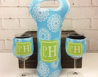 Monogram Wine Tote & Glass Sleeves - Custom Pattern, Color, Name More - Design Your Own Personalized Wine Totes Wrap Hugger Gifts