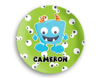Cute Little Monster Design Polymer Kid's Dinner Plate with Name - Personalized, Design Your Own Plate Birthday Gift - Gifts for Kids