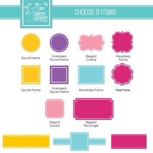 May include: A chart showing different frame options for a design. The options include round, square, rectangle, scalloped, elegant, flourished, petal, striped outlined, layered, and ribbon.