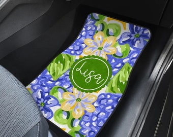 Personalized Blue Hydrangea Design Car Mats for Front or Rear - Monogrammed, Custom Monogram Carmat Car Mat - Green, Yellow Flowers, Floral