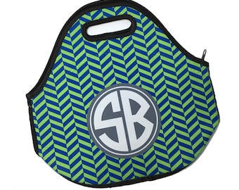 Monogram Custom Design Neoprene Lunch Tote - Choice of Pattern, Color, Frame - Personalized Lunch Bag