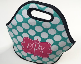 Big Dots Personalized Lunch Tote - Choice of Pattern, Color, Frame & Monogram - Design Your Own Lunch Bag, Neoprene