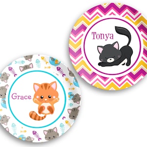 Personalized Kitty Cat Design Polymer Kid&#39;s Dinner Plate - Design Your Own Plate Birthday Gift with Name - Kitten, Fishbowl, Paws