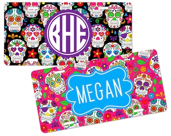 Sugar Skulls Design Personalized License Plate Car Tag - Custom Monogram Vanity Plate - 9 Color Options - Skull Skeleton - 16h Birthday