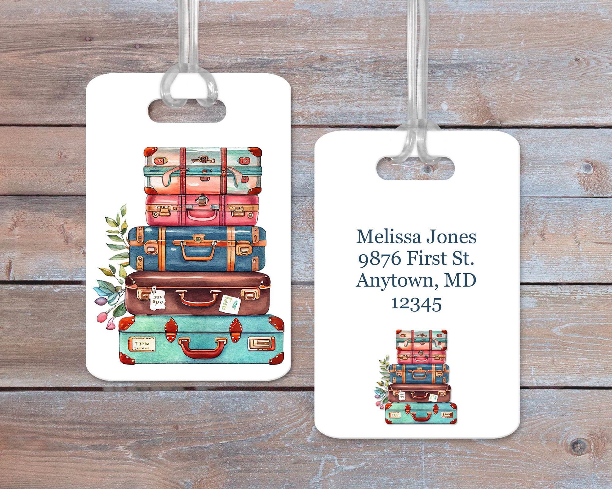 Set of 2 Vintage Stacked Suitcases Design Luggage Tags (2 Sided) - 4 ...