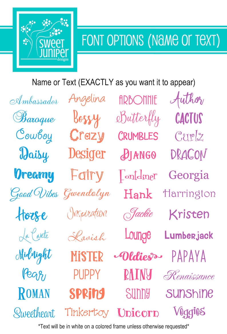 K&ouml;nnte beinhalten: Eine Tabelle mit Schriftart-Optionen f&uuml;r Namen oder Text. Die Schriftarten werden in verschiedenen Farben angezeigt, darunter Pink, Blau, Orange und Lila. Der Text oben in der Tabelle lautet "FONT OPTIONS (name or text)".