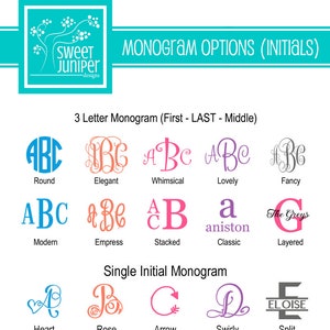 K&ouml;nnte beinhalten: Ein Diagramm, das verschiedene Monogrammstile f&uuml;r drei Buchstaben und einzelne Initialen zeigt. Die Stile umfassen rund, elegant, skurril, lieblich, ausgefallen, modern, Kaiserin, gestapelt, klassisch, geschichtet, Herz, Rose, Pfeil, geschwungen und geteilt.