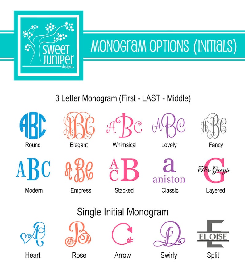 K&ouml;nnte beinhalten: Ein Diagramm, das verschiedene Monogrammstile f&uuml;r drei Buchstaben und einzelne Initialen zeigt. Die Stile umfassen rund, elegant, skurril, lieblich, ausgefallen, modern, Kaiserin, gestapelt, klassisch, geschichtet, Herz, Rose, Pfeil, geschwungen und geteilt.