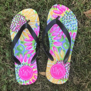 Personalized Preppy Collection Design Flip Flops - Sunflower Monogram Sandals - Flip Flop Beach Sandals - 40 Pattern Options