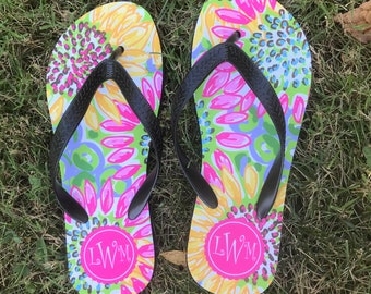 Personalized Preppy Collection Design Flip Flops - Sunflower Monogram Sandals - Flip Flop Beach Sandals - 40 Pattern Options