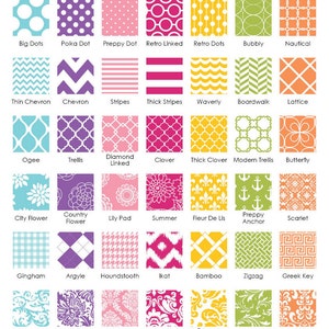 May include: A chart with 36 different patterns, each in a square. The patterns are in various colors, including blue, green, yellow, pink, purple, and orange. The chart is titled "Choose a pattern".