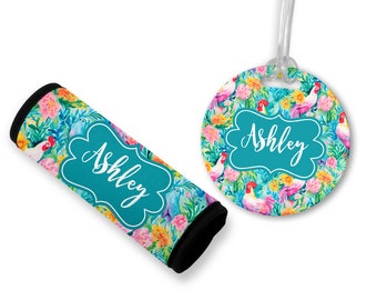 Preppy Rooster Design Luggage Tag Gift Set - Personalized Bag Tag, Monogram Handle Wrap - 8 Design Options - Colorful Chicken Theme Gift