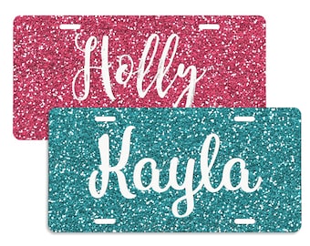 Glitter Design Car Tag License Plate (Not Real Glitter) - Personalized Vehicle Decoration with Name - 20 Color Options