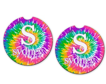 Rainbow Swirl Tie Dye Design Monogram Car Coasters (Set of 2) - Personalized Absorbant Coaster for Car Cup Holder - Sandstone or Neoprene