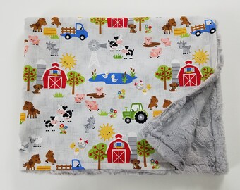 Farm Animal Minky Baby Blanket Gender Neutral blanket Baby Shower gift Toddler boy gift idea Farm Life Patchwork Farming blanket