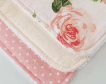 black stripe 3 Layers Thick Cotton and Flannel peach baby Shower gift Super Soft Rag Baby Burp Cloths Floral coral leaves