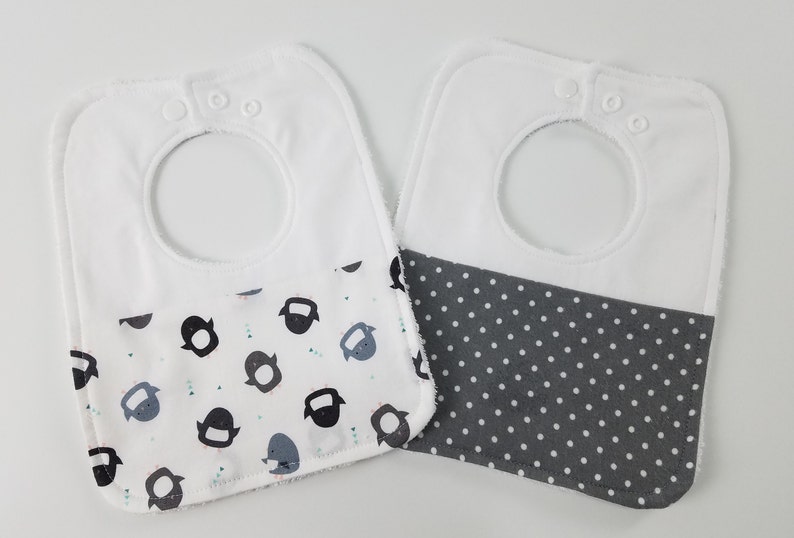 Penguin and Gray Polka Dot Print Baby Bibs - Penguin Baby Gift Penguin Baby Shower Penguin Bibs READY TO SHIP Set of 2
