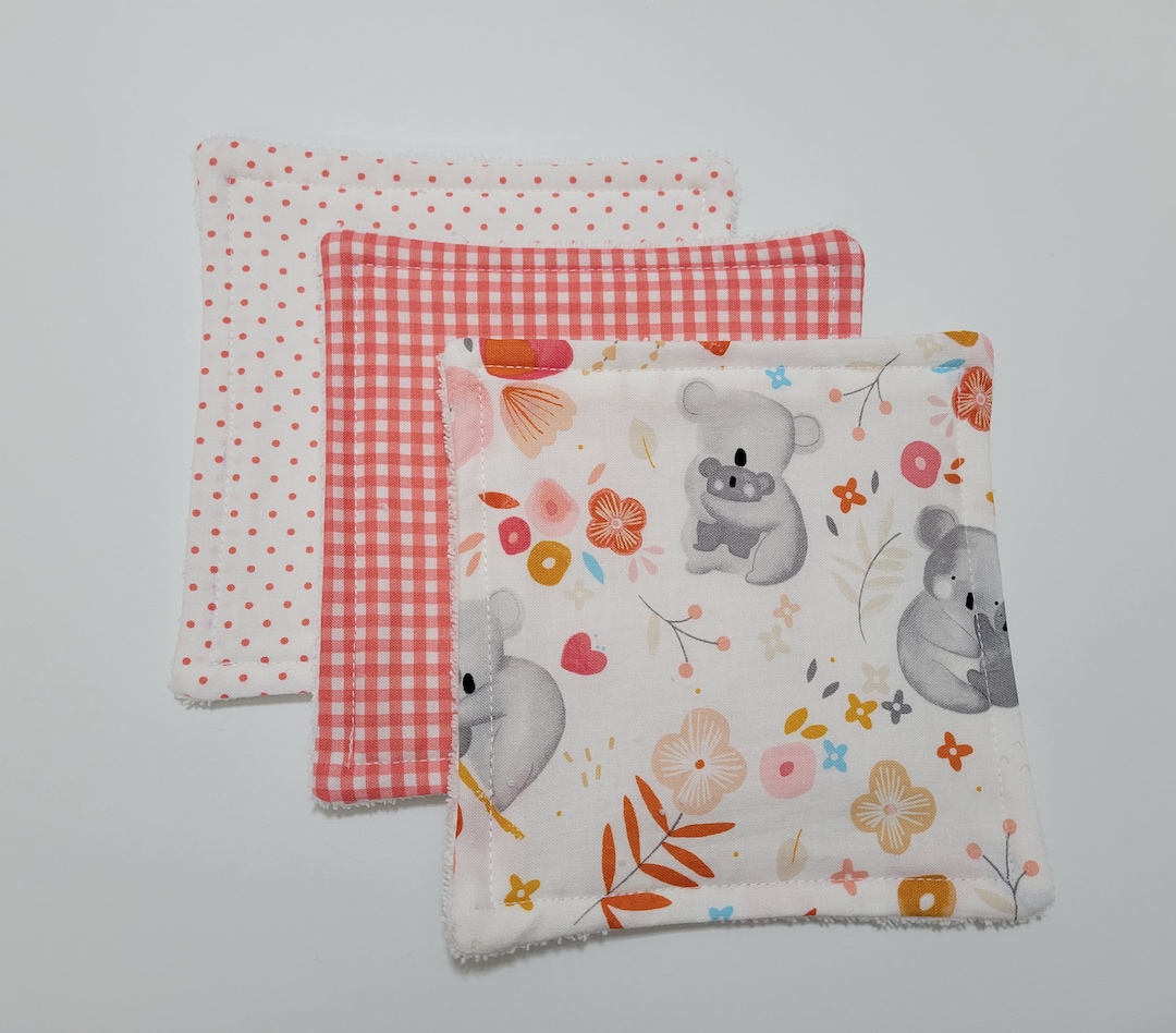 Koala, Polka Dot and Check Print Handmade Washcloths for Baby set of 3